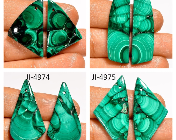 Natural Malachite Fancy Shape Front Drilled Smooth Cabochon Matching Pairs, Semi-Precious Gemstones For Jewelry Making