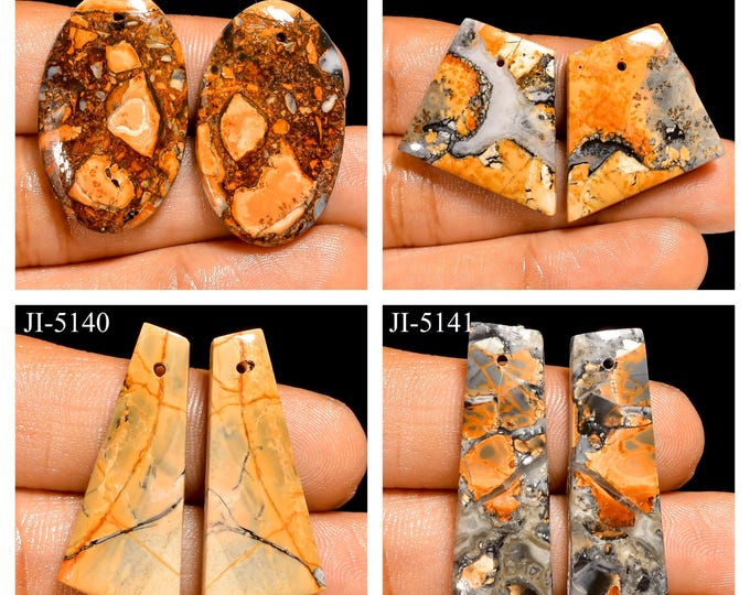 Natural Maligano Jasper Fancy Shape Front Drilled Smooth Cabochon Matching Pairs, Semi-Precious Gemstones For Jewelry Making
