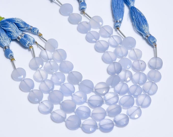Natural Blue Chalcedony Faceted Center Drilled Coin Shape 10.50mm, Semi-Precious Gemstones For Jewelry Making