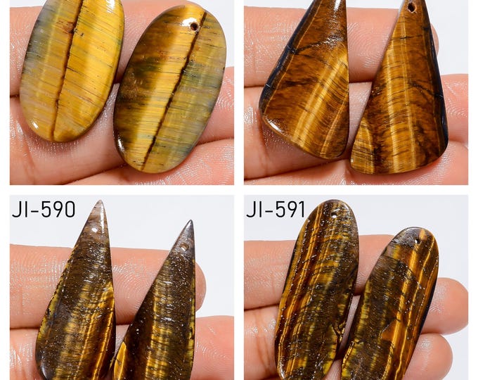 Natural Tigers Eye Fancy Shape Front Drilled Smooth Cabochon Matching Pairs, Semi-Precious Gemstones For Jewelry Making