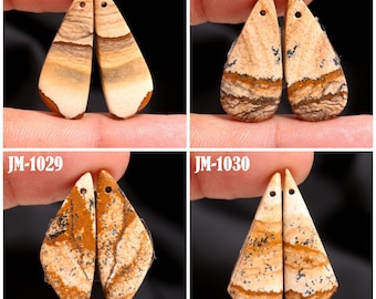 Natural Picture Jasper Fancy Shape Front Drilled Smooth Cabochon Matching Pairs, Semi-Precious Gemstones For Jewelry Making