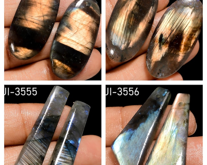 Natural Labradorite Fancy Shape Front Drilled Smooth Cabochon Matching Pairs, Semi-Precious Gemstones For Jewelry Making