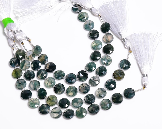 Natural Moss Agate Faceted Center Drilled Coin Shape 10.25mm, Semi-Precious Gemstones For Jewelry Making