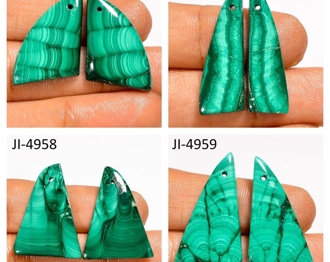 Natural Malachite Fancy Shape Front Drilled Smooth Cabochon Matching Pairs, Semi-Precious Gemstones For Jewelry Making