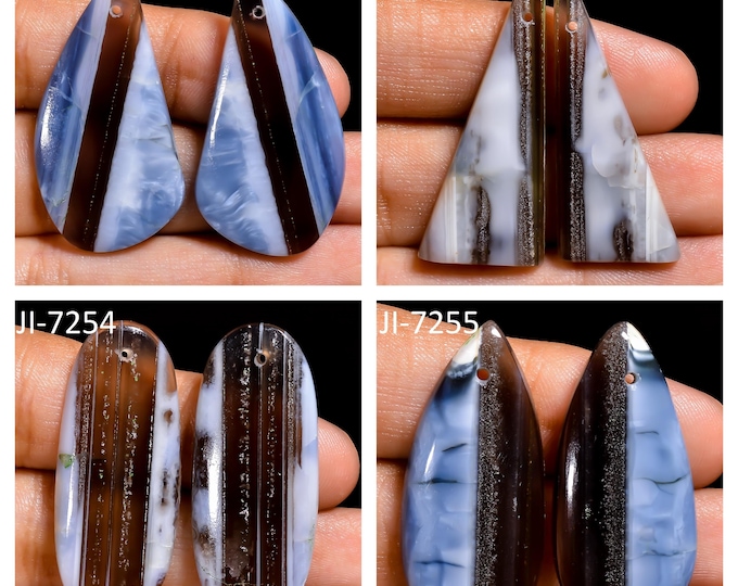 Natural Owyhee Blue Opal Fancy Shape Front Drilled Smooth Cabochon Matching Pairs, Semi-Precious Gemstones For Jewelry Making