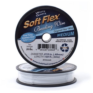 May include: A spool of white Soft Flex beading wire, labeled "White Quartz Soft Flex Beading Wire" and "Original Flex Wire" with a test strength of 26 lbs. The spool is labeled "Medium" and is for all purpose glass, mineral, and metal beads. The spool is 100 feet long and has a diameter of 0.019 inches.