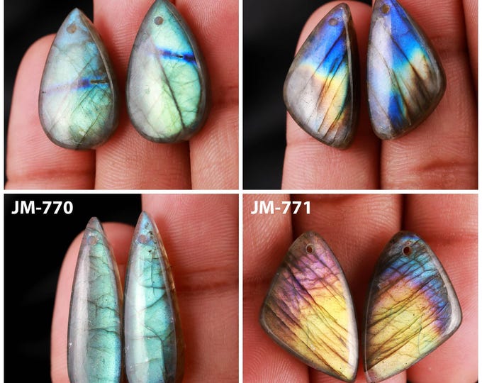Natural Labradorite Fancy Shape Front Drilled Smooth Cabochon Matching Pairs, Semi-Precious Gemstones For Jewelry Making