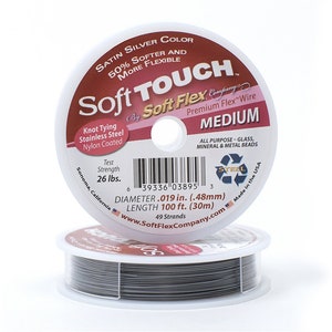 Soft Touch Satin Silver Color Medium .019 Inch Diameter Size Beading Wire, 100 Foot Spool For Jewelry Making