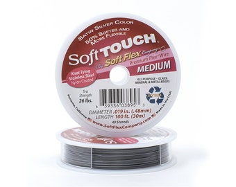 Soft Touch Satin Silver Color Medium .019 Inch Diameter Size, 49 Strands Beading Wire, 100 Foot Spool For Jewelry Making