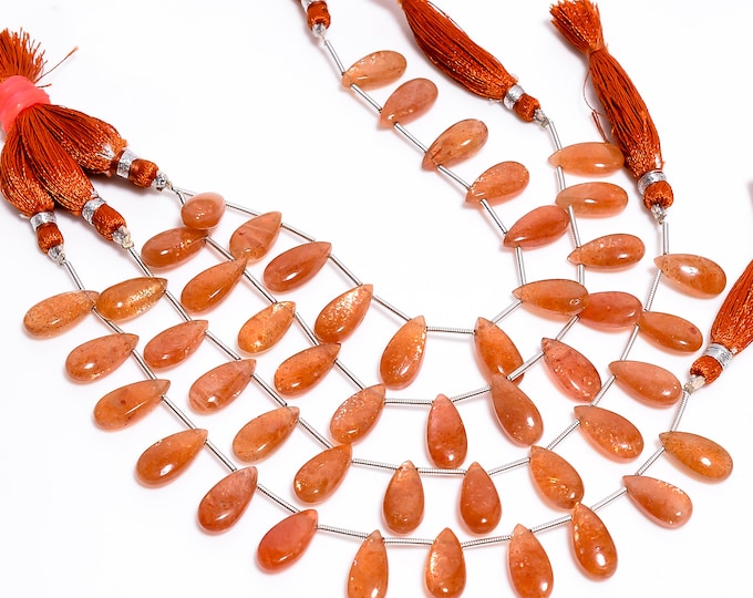 Sunstone Non-Faceted Smooth Side Drilled Pear Shape Briolette 7mm x 14mm, Semi-Precious Gemstones For Jewelry Making