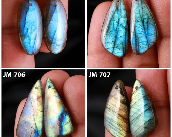Natural Labradorite Fancy Shape Front Drilled Smooth Cabochon Matching Pairs, Semi-Precious Gemstones For Jewelry Making