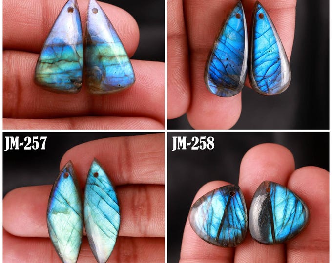Natural Labradorite Fancy Shape Front Drilled Smooth Cabochon Matching Pairs, Semi-Precious Gemstones For Jewelry Making