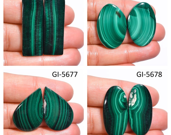 Natural Malachite Fancy Shape Un-Drilled Cabochon Matching Pairs, Semi-Precious Gemstones For Jewelry Making