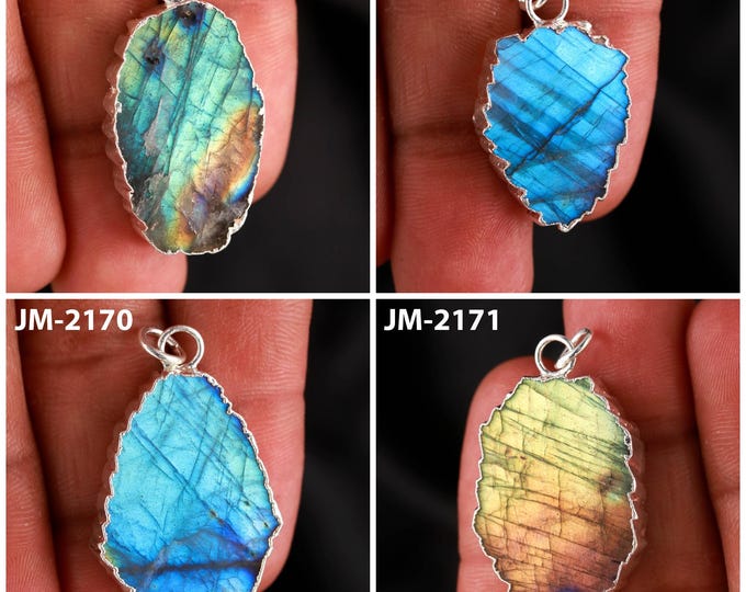 Natural Labradorite Fancy Shape Electro Plated Silver Color Pendants, Semi-Precious Gemstones For Jewelry Making