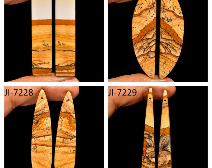Natural Picture Jasper Fancy Shape Front Drilled Smooth Cabochon Matching Pairs, Semi-Precious Gemstones For Jewelry Making