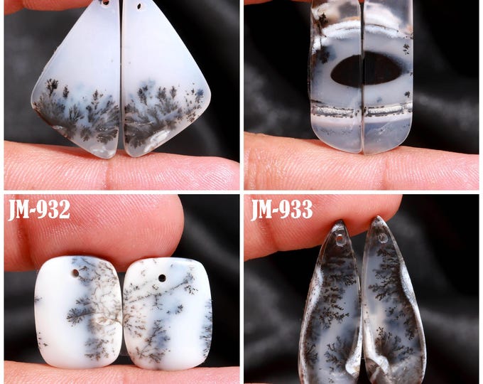 Natural Dendrite Agate Fancy Shape Front Drilled Smooth Cabochon Matching Pairs, Semi-Precious Gemstones For Jewelry Making