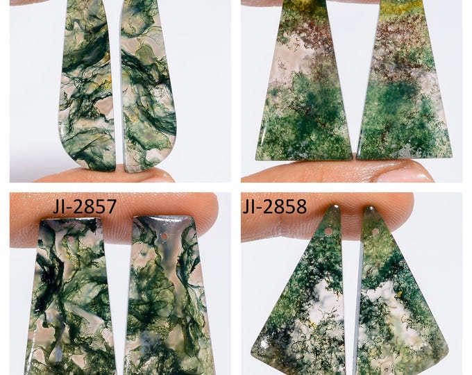 Natural Moss Agate Fancy Shape Front Drilled Smooth Cabochon Matching Pairs, Semi-Precious Gemstones For Jewelry Making