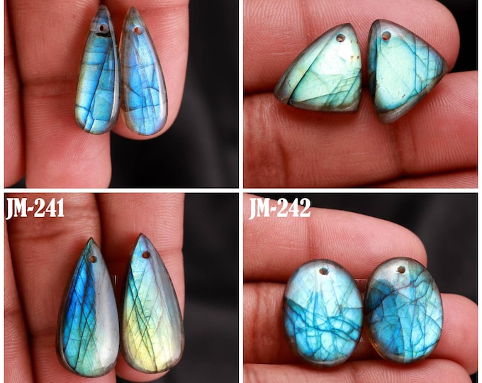 Natural Labradorite Fancy Shape Front Drilled Smooth Cabochon Matching Pairs, Semi-Precious Gemstones For Jewelry Making