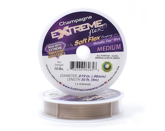 Soft Flex Champagne Color Medium .019 Inch Diameter Size, 19 Strands Beading Wire, 30 Foot Spool For Jewelry Making