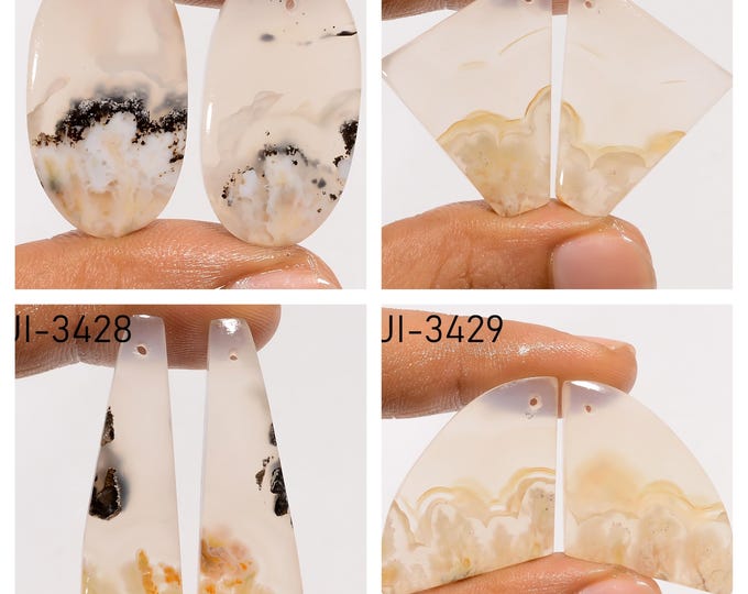 Natural Plume Agate Fancy Shape Front Drilled Smooth Cabochon Matching Pairs, Semi-Precious Gemstones For Jewelry Making