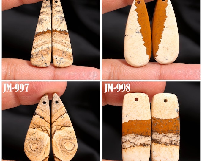 Natural Picture Jasper Fancy Shape Front Drilled Smooth Cabochon Matching Pairs, Semi-Precious Gemstones For Jewelry Making