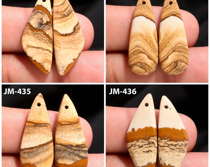 Natural Picture Jasper Fancy Shape Front Drilled Smooth Cabochon Matching Pairs, Semi-Precious Gemstones For Jewelry Making