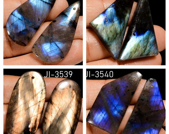 Natural Labradorite Fancy Shape Front Drilled Smooth Cabochon Matching Pairs, Semi-Precious Gemstones For Jewelry Making
