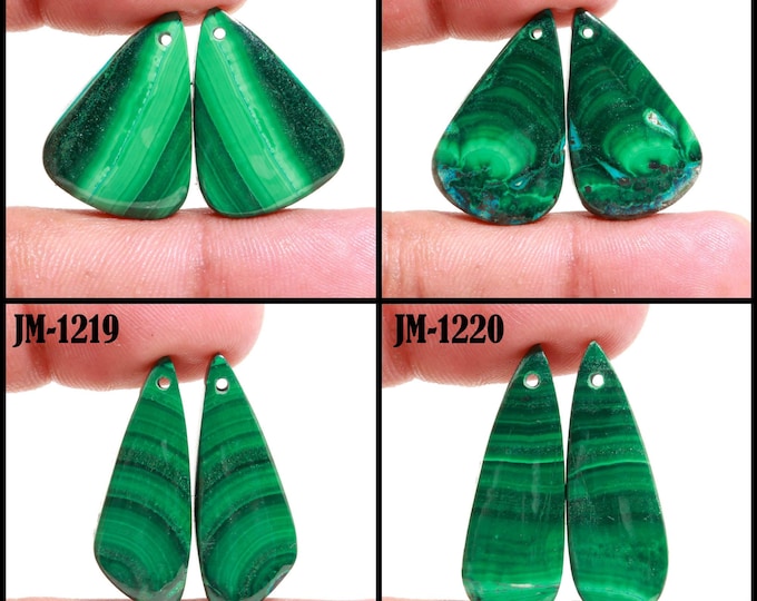 Natural Malachite Fancy Shape Front Drilled Smooth Cabochon Matching Pairs, Semi-Precious Gemstones For Jewelry Making