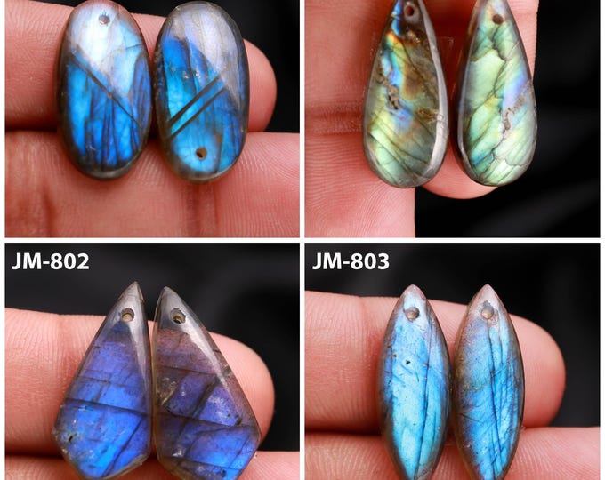 Natural Labradorite Fancy Shape Front Drilled Smooth Cabochon Matching Pairs, Semi-Precious Gemstones For Jewelry Making