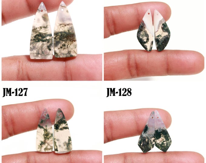 Natural Moss Agate Fancy Shape Front Drilled Smooth Cabochon Matching Pairs, Semi-Precious Gemstones For Jewelry Making