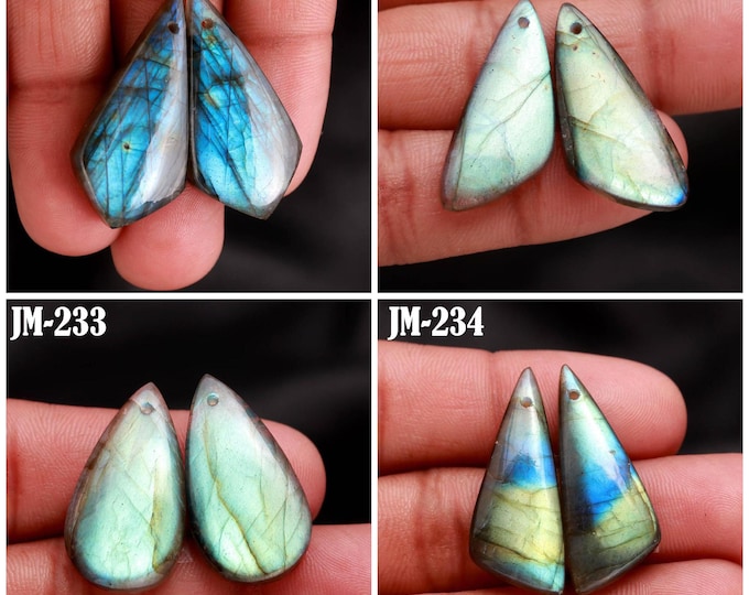 Natural Labradorite Fancy Shape Front Drilled Smooth Cabochon Matching Pairs, Semi-Precious Gemstones For Jewelry Making