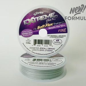 May include: Two spools of Silver Extreme Flex beading wire by Soft Flex Company. The top spool is fine diameter .014 in. with 13 lbs. test strength. The bottom spool is heavy diameter .024 in. with 20 lbs. test strength. Both are 25 ft. long.