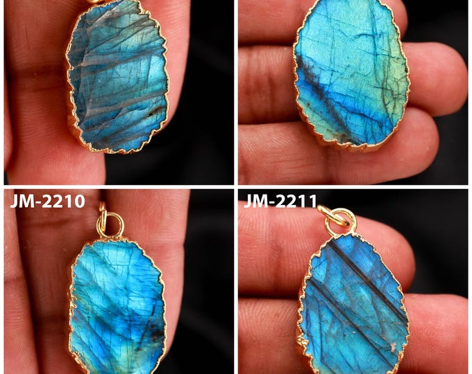 Natural Labradorite Fancy Shape Electro Plated Gold Color Pendants, Semi-Precious Gemstones For Jewelry Making