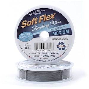 Soft Flex Satin Silver Color Medium .019 Inch Diameter Size, 49 Strands Beading Wire, 30 Foot Spool For Jewelry Making