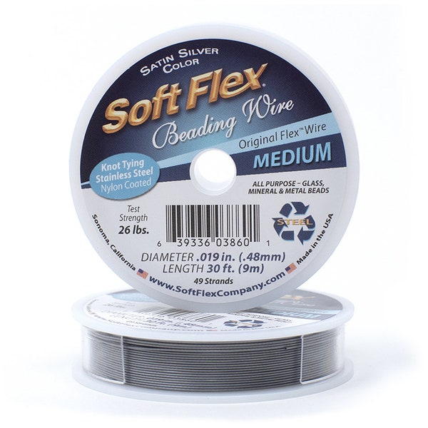 Soft Flex Satin Silver Medium Size Beading Wire, 30 Foot Spool For Jewelry Making