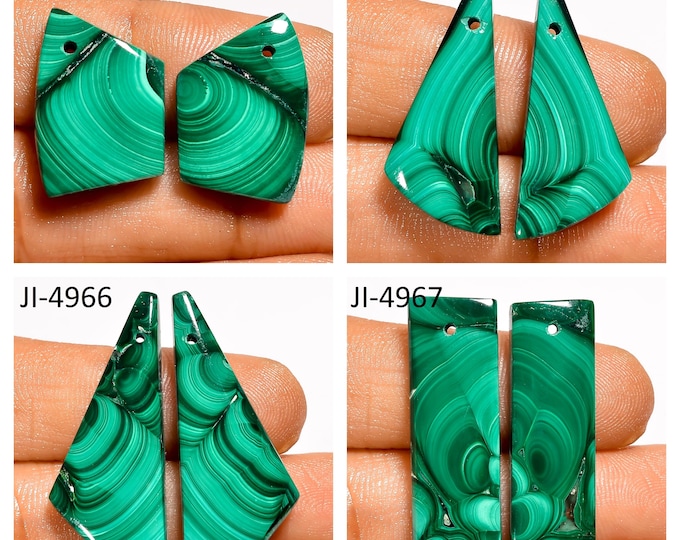 Natural Malachite Fancy Shape Front Drilled Smooth Cabochon Matching Pairs, Semi-Precious Gemstones For Jewelry Making