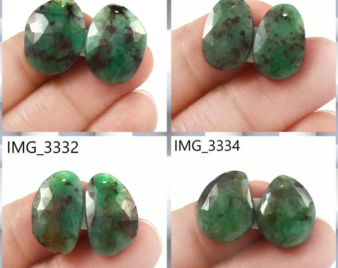 Natural Emerald Fancy Shape Front Drilled Faceted Rose Cut Matching Pairs, Precious Gemstones For Jewelry Making