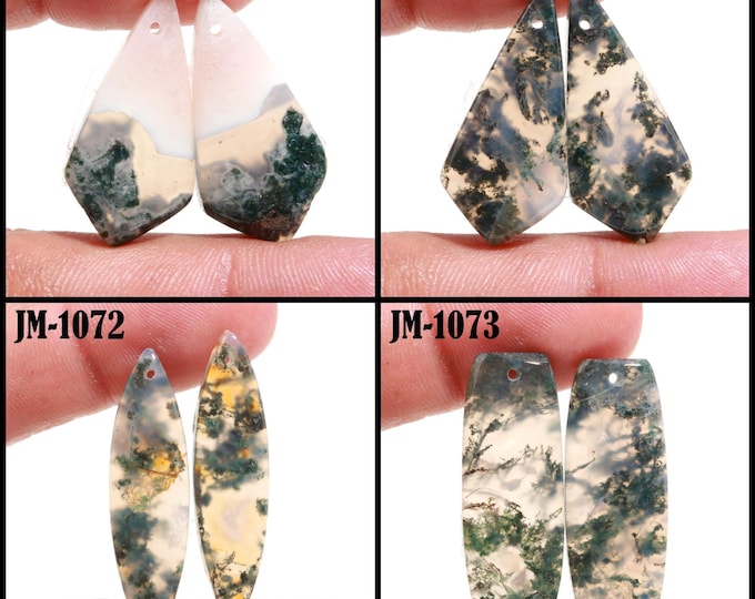 Natural Moss Agate Fancy Shape Front Drilled Smooth Cabochon Matching Pairs, Semi-Precious Gemstones For Jewelry Making