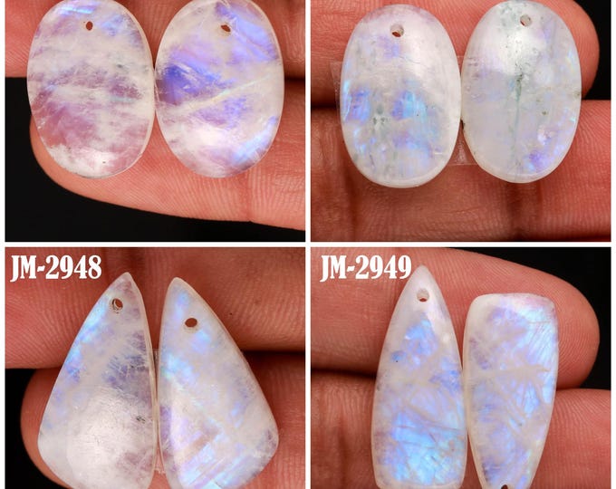 Natural Rainbow Moonstone Fancy Shape Front Drilled Smooth Cabochon Matching Pairs, Semi-Precious Gemstones For Jewelry Making