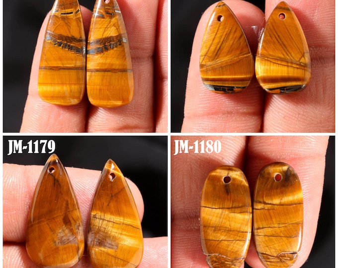 Natural Tigers Eye Fancy Shape Front Drilled Smooth Cabochon Matching Pairs, Semi-Precious Gemstones For Jewelry Making