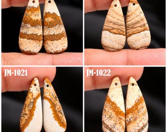 Natural Picture Jasper Fancy Shape Front Drilled Smooth Cabochon Matching Pairs, Semi-Precious Gemstones For Jewelry Making