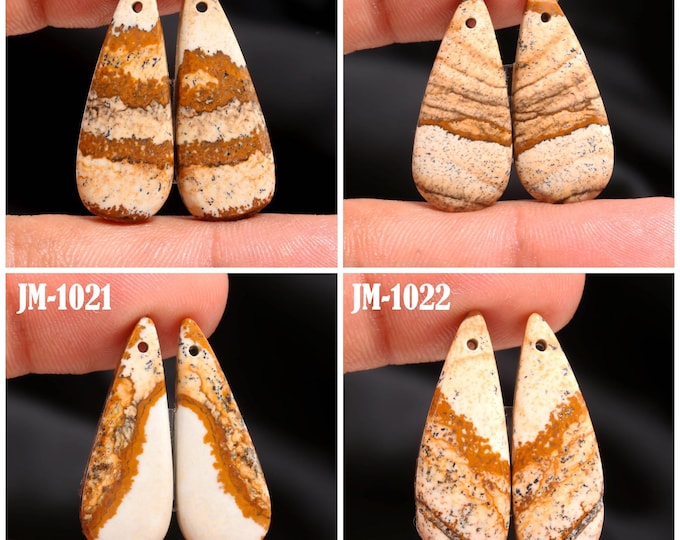Natural Picture Jasper Fancy Shape Front Drilled Smooth Cabochon Matching Pairs, Semi-Precious Gemstones For Jewelry Making