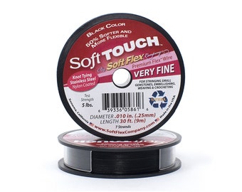 Soft Touch Black Color Very Fine .010 Inch Diameter Size, 7 Strands Beading Wire, 30 Foot Spool For Jewelry Making
