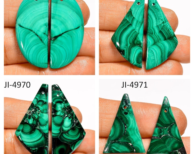 Natural Malachite Fancy Shape Front Drilled Smooth Cabochon Matching Pairs, Semi-Precious Gemstones For Jewelry Making