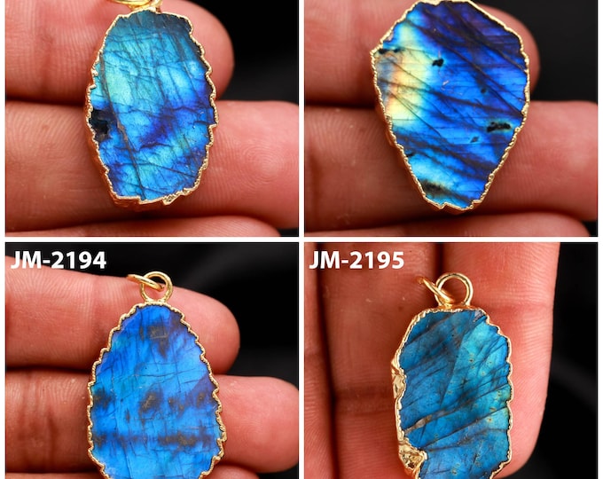 Natural Labradorite Fancy Shape Electro Plated Gold Color Pendants, Semi-Precious Gemstones For Jewelry Making
