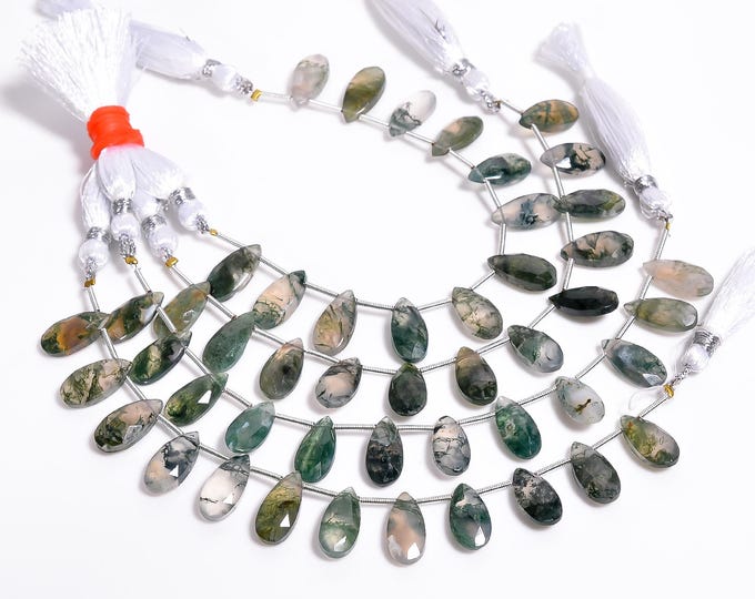 Moss Agate Faceted Side Drilled Pear Shape Briolette 7mm x 14mm, Semi-Precious Gemstones For Jewelry Making