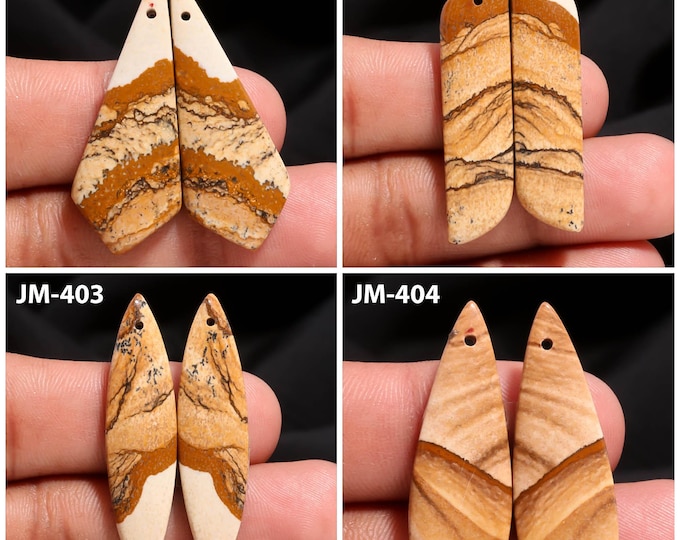 Natural Picture Jasper Fancy Shape Front Drilled Smooth Cabochon Matching Pairs, Semi-Precious Gemstones For Jewelry Making