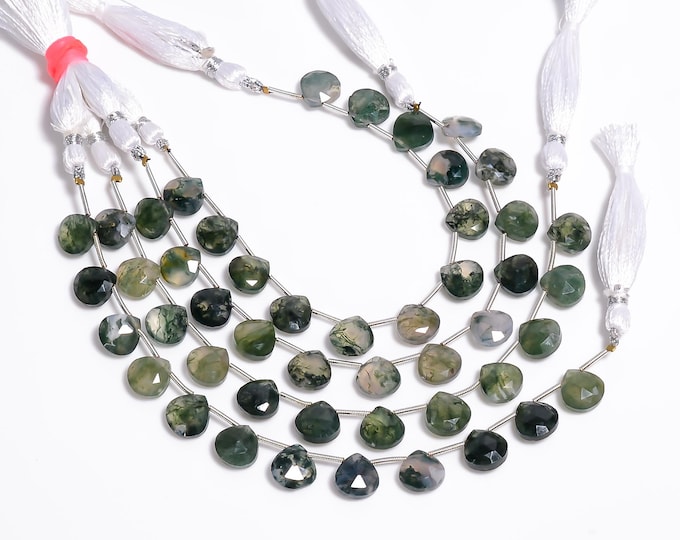 Natural Moss Agate Faceted Side Drilled Heart Shape Briolette 10.25mm, Semi-Precious Gemstones For Jewelry Making