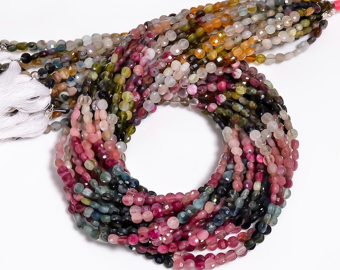 Tourmaline Multi Color Faceted Center Drilled Coin Shape 4mm, Semi-Precious Gemstones For Jewelry Making