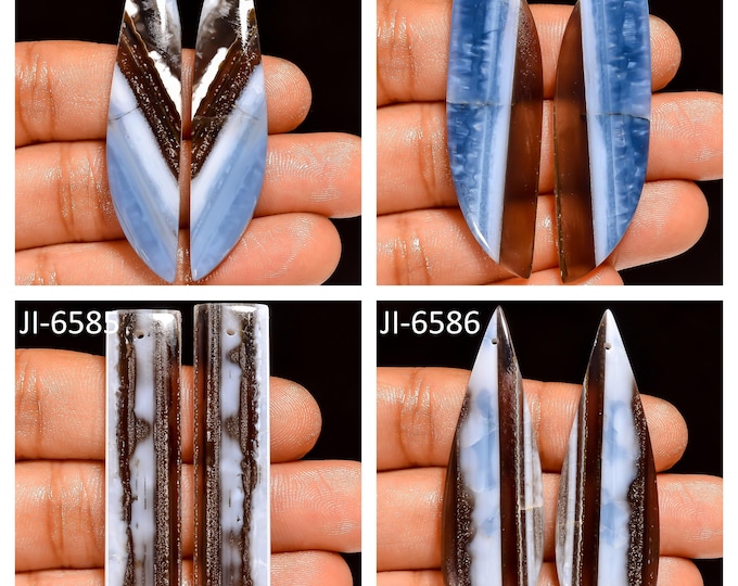 Natural Owyhee Blue Opal Fancy Shape Front Drilled Smooth Cabochon Matching Pairs, Semi-Precious Gemstones For Jewelry Making